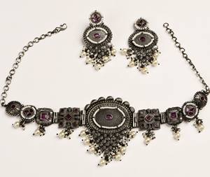 Parure de mariée vintage en argent oxydé avec rubis, collier ras-du-cou et boucles d'oreilles pendantes en perles, style bohème, cadeau d'anniversaire de mariage, bijoux tendance - Product Image 1