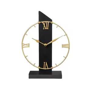 Horloge rectangulaire noire artistique moderne avec cadre circulaire doré, chiffres romains, design géométrique minimaliste, horloge contemporaine - Product Image 1