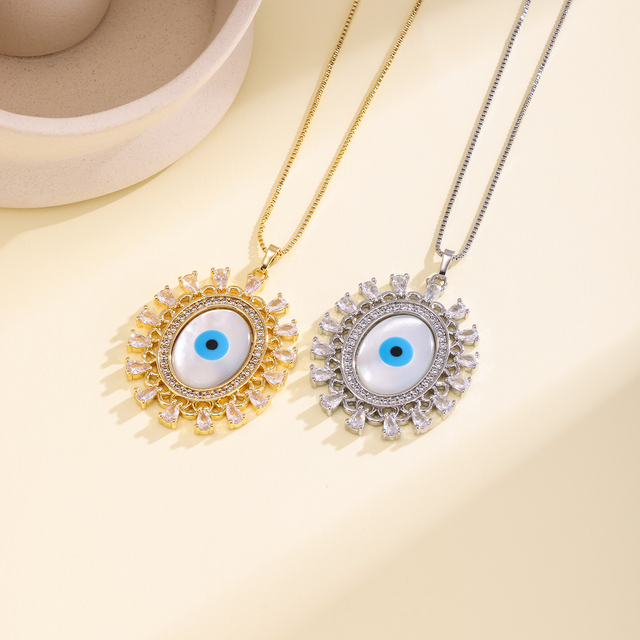 QIKU Gold Silver Plated Sunburst Evils Eye Pendant Necklace Shell Base CZ Inlay Bohemian Protection Jewelry for Gift Daily Wear
