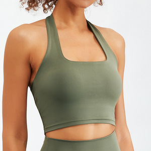 Women Halter High <b>Support</b> Plaid Sports Bra Backless Workout <b>Crop</b> <b>Top</b> Breathable Quick Dry Four Way Stretch Front for Yoga Gym - Product Image 6