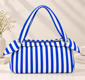 Blue <b>White</b> Striped Sustainable Soft Bow Handbag Zipper Closure Large Capacity Fashion Casual Tote for Daily Use - Product Image 1