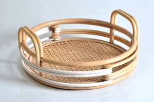 Premium Round Rattan Tray with Handles Decorative Cane Webbing Platter Modern White <b>Wrapped</b> Wicker for <b>Kitchen</b> and Dining - Product Image 3