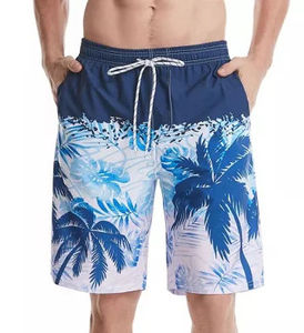 Short de bain décontracté pour homme, imprimé palmiers bleus, séchage rapide, taille à cordon de serrage, longueur Bermuda, taille mi-haute, en polyester tissé - Product Image 4