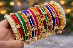 Bracelets Churiyan Géométriques Plaqué Argent Perles de Cachemire Dorées Multicolores de Qualité Supérieure pour Mariage et Fêtes, Prix de Gros - Product Image 3