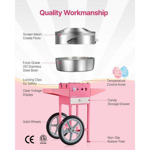 Macchina commerciale dello zucchero filato 1000W con il creatore del filo interdentale del carrello rosa per le feste - Product Image 5