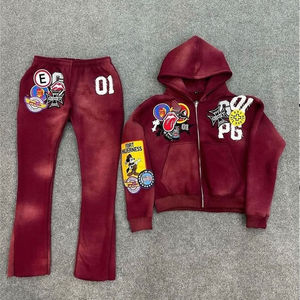 2026 Best Custom Wholesale Men's Plus Size Distressed Embroidery Patch Work Oversized <b>Hoodies</b> and Sweat Pants - Product Image 1