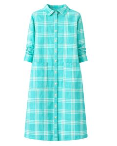 Vestido Camisero Largo a Cuadros Turquesa para Mujer, con Botones, Estilo Casual, Midi, Manga Larga, Personalizado, Venta al Por Mayor - Product Image 1