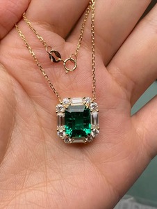 4.5ct Lab <b>Emerald</b> <b>Pendant</b> Green Gemstone Necklace 18k Gold Art Deco Halo Charm Baguette Diamond Necklace <b>Pendant</b> - Product Image 4