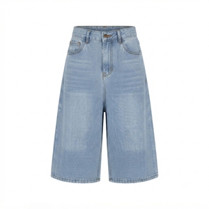 <b>High</b> Waist Over Size Stonewashed Denim Short Pant <b>Knee</b> Length Straight Leg Jeans Women's Breathable Casual Summer Wear - Product Image 1