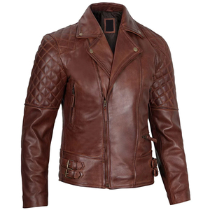 Men's Brown Genuine Leather Moto Biker Jacket Zipper Closure Turn-down Collar Slim Fit Autumn Wear - Product Image 4