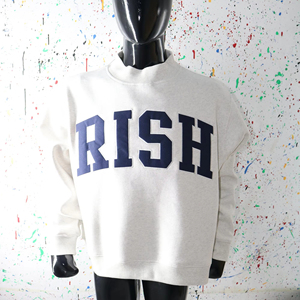 RISH ASH GREY <b>Mock</b> <b>Neck</b> Sweatshirt 100% BLUE Applique Embroidery wide <b>neck</b> Sweatshirt Finer Threads - Product Image 1