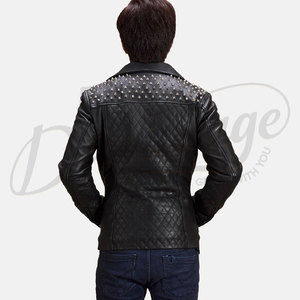 Veste de motard en cuir noir clouté de qualité supérieure pour homme, en peau de mouton véritable, style punk rock, coupe ajustée, manches matelassées - Product Image 4