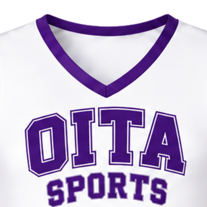 Haut d'uniforme de cheerleading violet et blanc sans manches à col en V pour performance de danse d'équipe, tenue de sport athlétique de compétition - Product Image 3