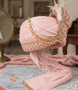 Royal Rose Gold Silk Groom Turban with Crystal Pearl Zari Wedding Safa Pagri for Men Wholesale - Product Image 1