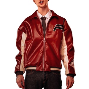 Chaqueta cortavientos con capucha de cuero de retazos bordada de chenilla con logotipo personalizado para hombre, bombardero de béisbol OEM estilo universitario con cuello levantado - Product Image 4
