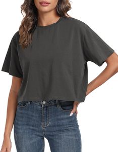 Camiseta Corta de Cuello Redondo Verde para Mujer, Corte Holgado, Color Sólido, Informal, Tejido de Punto Jersey, Transpirable, para Primavera/Verano - Product Image 6