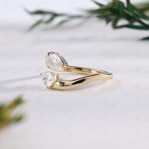 Pear Cut <b>Ring</b> Yellow Gold Two Stone Engagement <b>Ring</b> Bypass Stacking Band Trendy Bridal <b>Fine</b> Jewelry - Product Image 2