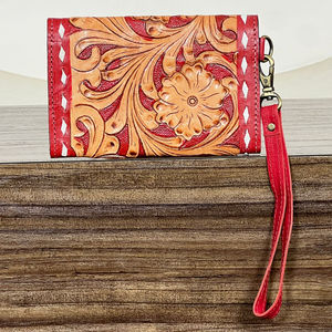 New Leading Manufacturer Floral Western Style Genuine Cowhide Leather Cowgirl Wallet Pattern <b>Wristlet</b> Clutch for Travel Organize - Product Image 5