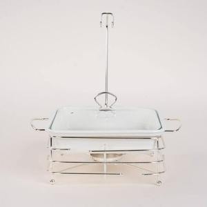 Recipiente para Calentar Comida Tipo Buffet, Rectangular, de Acero Inoxidable, con Tapa de Vidrio Transparente, Patas Cabriolet Plateadas con Acabado Espejo - Product Image 1