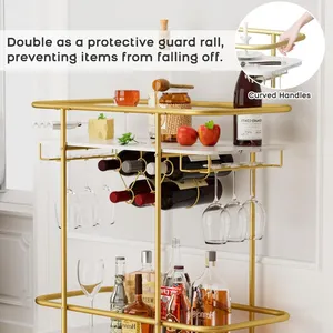 Gold Metal Rolling Bar Cart with Marble Top Wine Bottle <b>Rack</b> American Style Eco-Friendly Party Serving Plated Safe ZAHID EXPORT - Product Image 3
