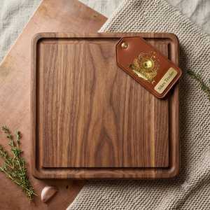 Planche à découper carrée en noyer avec rainure à jus, poignées en laiton, étiquette métallique personnalisée, planche de boucher épaisse en bois massif à grain traversant - Product Image 5