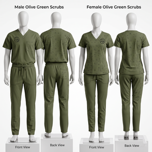 Ensemble de blouses médicales unisexe en tissu Dobby 170 GSM de qualité supérieure, polyester et élasthanne, imprimé vert lime, avec logo personnalisé sérigraphié, uniforme OEM - Product Image 4