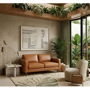 Sofá de Dos Plazas de Cuero para Sala de Estar Moderna Tropical, Elegante, Natural, Cálido, Minimalista, Diseño Inspirado en lo Interior - Product Image 1
