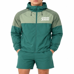 <b>Men</b>’s Color Block Windbreaker Hooded Jacket And <b>Shorts</b> Set Lightweight Hooded <b>Long</b> Sleeves Elastic Waist Side Pockets Jacket - Product Image 1