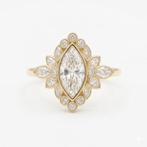 Bague de fiançailles vintage en or massif 14 carats avec diamant de laboratoire taille marquise, halo floral et grappe, bijou de mariée unique en forme de feuille, cadeau - Product Image 4