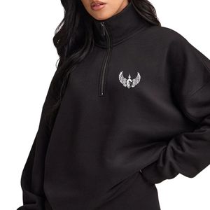 Sweat-shirt noir à col zippé 1/4 pour femme, coupe oversize, manches longues, style streetwear décontracté, coupe ample, pour tous les jours - Product Image 3