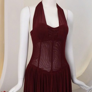 Robe longue de soirée élégante unie pour femme, style empire, plissée, en satin transparent extensible avec empiècements en maille, col licou, couleur bordeaux, OEM - Product Image 6
