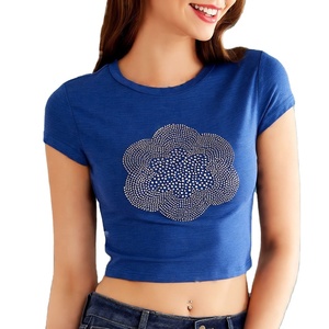 Camiseta Corta de Mujer con Pedrería, Ajustada, de Manga Corta, Informal, Básica, Suave y Elástica, para Verano, a la Moda y Cómoda - Product Image 1