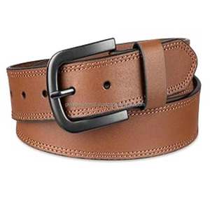 Ceinture décontractée en cuir marron clair sur mesure, double couture, pour homme, avec boucle en laiton nickelé noir. - Product Image 6