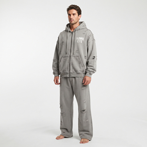 Custom Logo Men Cotton Fleece Tracksuit Set Distressed <b>Full</b> <b>Zip</b> <b>Hoodie</b> Drop Shoulder Relaxed Fit Joggers Pants - Product Image 6
