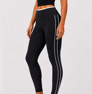 Leggings de yoga noirs à taille haute avec bande latérale, longueur intégrale, en Spandex et Nylon, sans couture, extensibles dans les quatre sens - Product Image 2