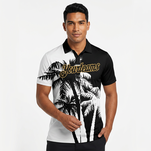 Polo pour homme noir et blanc imprimé, manches courtes, décontracté, respirant, en polyester tricoté, logo sur le devant - Product Image 6