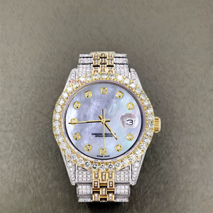 Reloj con Esfera de Madreperla y Diamantes, Correa de Acero Inoxidable en Dos Tonos, Reloj de Lujo Hecho a Mano con Moissanita de Vendedor Indio - Product Image 1