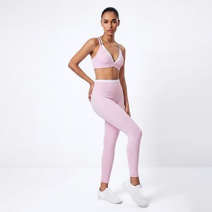 Pink Halter Neck Quarter-zip Print Sleeveless <b>Crop</b> <b>Top</b> High Waist Full-Length Leggings 2-Piece Yoga Set Seamless Breathable - Product Image 2