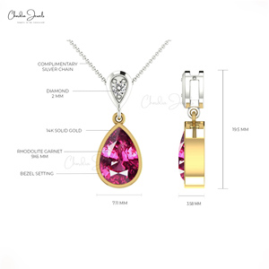 Pendentif en Gros pour Fournisseurs : Grenat Rhodolite Naturel 1,65 CTW Sertie en Sceau et Diamant Blanc avec Double Pendentif Goutte Doré - Product Image 4