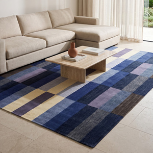 Tapis moderne à rayures verticales en laine écologique bleu marine et gris ivoire, antidérapant, pour salon et chambre à coucher - Product Image 3