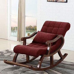 Fauteuil à bascule en bois de Sheesham avec coussin et oreiller |   Fauteuil à bascule artisanal en bois massif |   Tissu rembourré rouge - Product Image 1