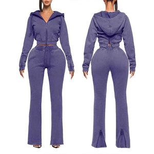 Women Acid Wash Crop Hooded Tracksuit Regular Fit Breathable Long Sleeve Crop <b>Zip</b> <b>Up</b> Hoodie & Flared Pant Made By Ascent Sports - Product Image 3