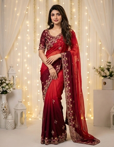 <b>Red</b> Silk Saree Embroidered <b>Blouse</b> Traditional Indian Wedding Wear for <b>Women</b> Floor-Length Regular Fit Sun Protection All Seasons - Product Image 1