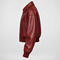 Blouson bomber court en cuir véritable bordeaux pour femme, style vintage, léger, avec fermeture éclair et poignets côtelés