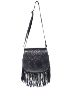 Sac bandoulière bohème en cuir véritable vintage avec motif brodé, franges et fermeture à rabat, sangle unique, été/hiver - Product Image 6