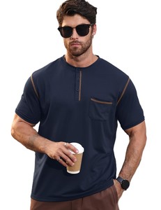 Camiseta Henley de Manga Corta para Hombre, Color Azul Marino, con Ribete en Contraste, Corte Regular, Estilo Casual, Tejido de Punto, Color Sólido, Diseño de Cuello Redondo - Product Image 2