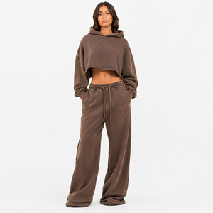 Conjunto Deportivo de Sudadera con Capucha Corta y Pantalones Anchos de Felpa Francesa para Mujer, Marca ONE APEX, Color Marrón, 100% Algodón - Product Image 5