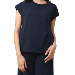 Camiseta de Manga Corta con Cuello Redondo Azul Marino para Mujer, Corte Holgado, Algodón, Informal, Verano, Básica, Personalizada, Venta al Por Mayor, Fabricante OEM - Product Image 1