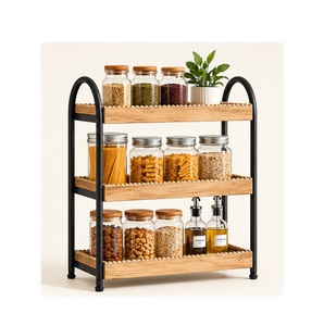 3-Tier Rustic Wooden Spice <b>Rack</b> Organizer for <b>Kitchen</b> Countertop Iron Frame Multipurpose <b>Storage</b> Shelf for Jars Bottles - Product Image 1