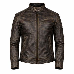Veste en cuir marron vieilli vintage pour homme, col montant, coupe ajustée, fermeture éclair, style motard, en cuir véritable, imperméable - Product Image 1